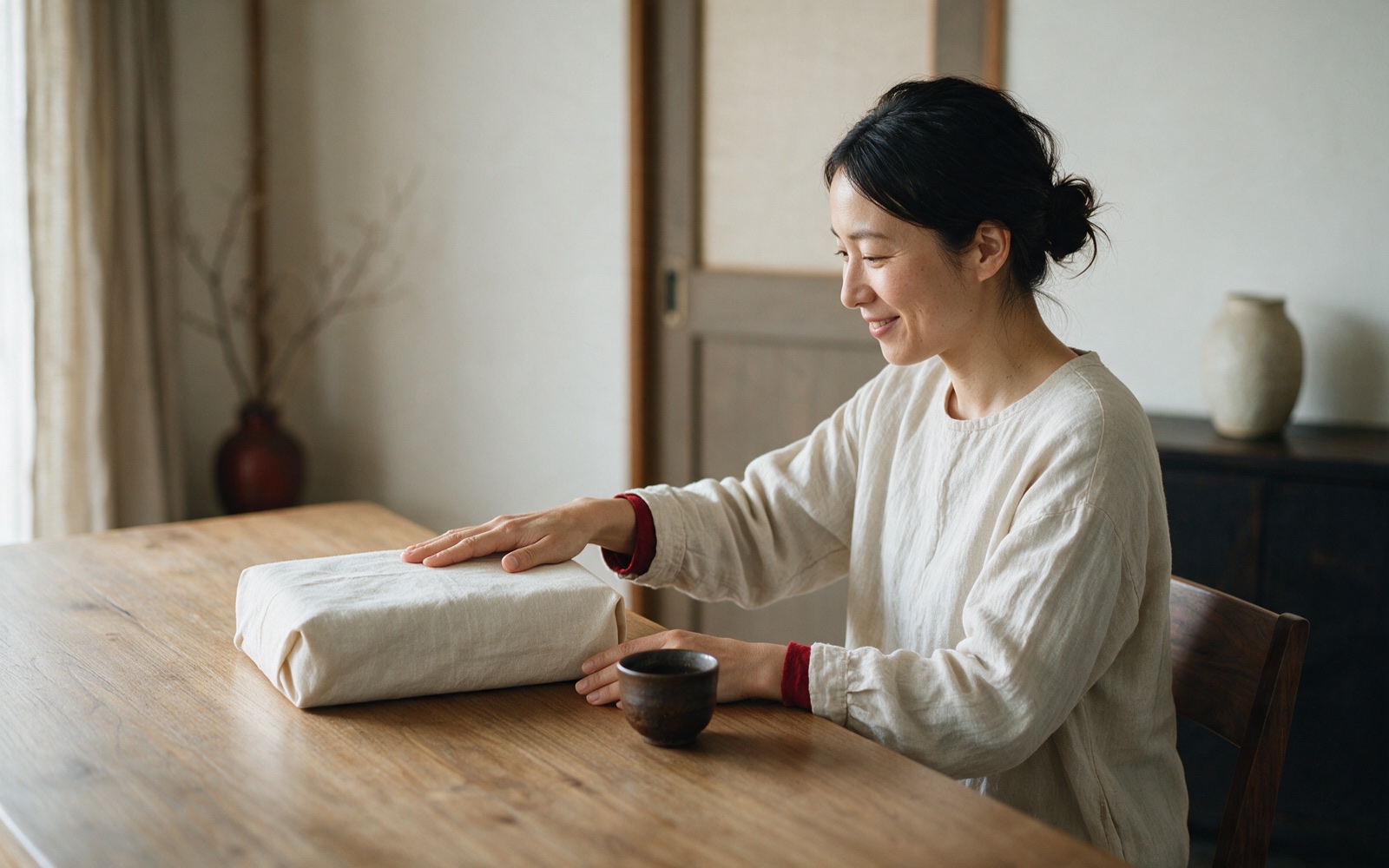正月の準備をひとつ決め終え、包みと湯呑みを前にほっとする様子
